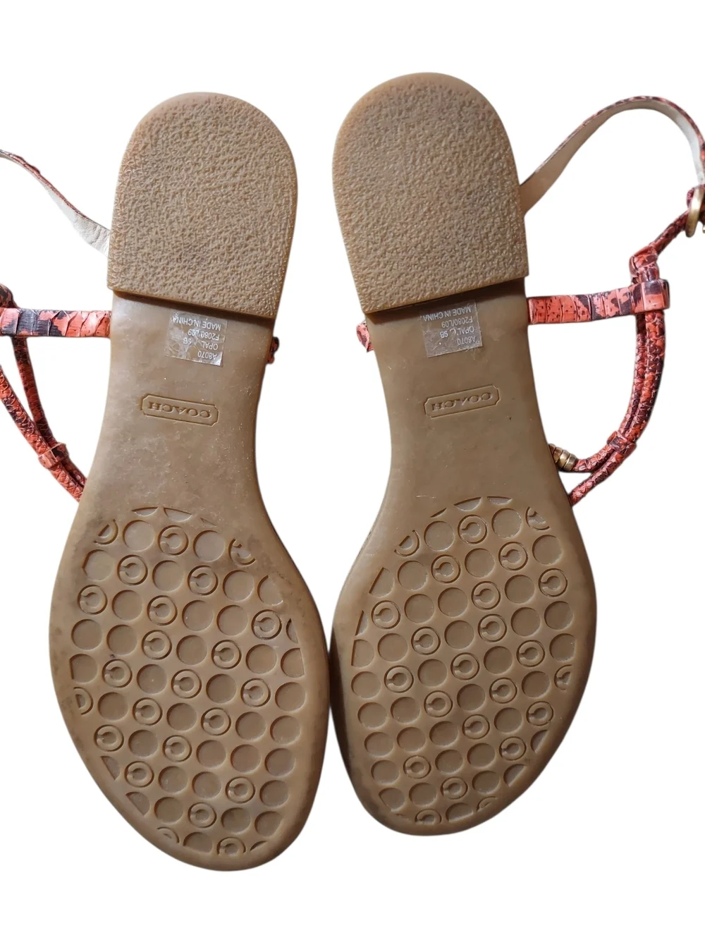 Coach Opal Snake T Strap Sandals Coral Leather Thong Flat Boho Resort